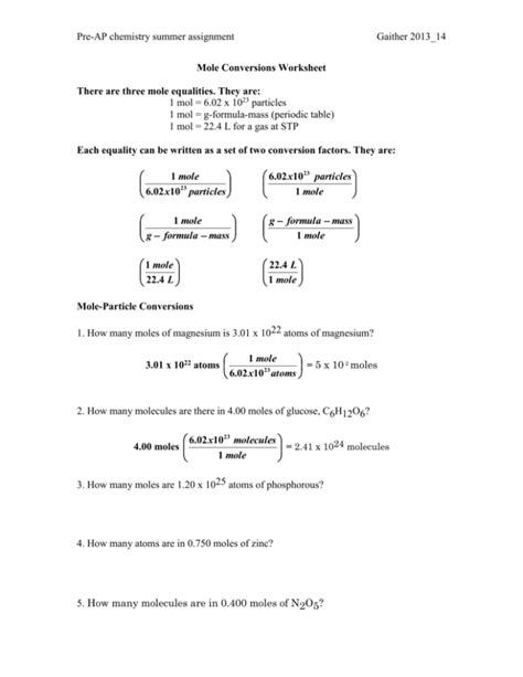 6: Mole Conversions Worksheet