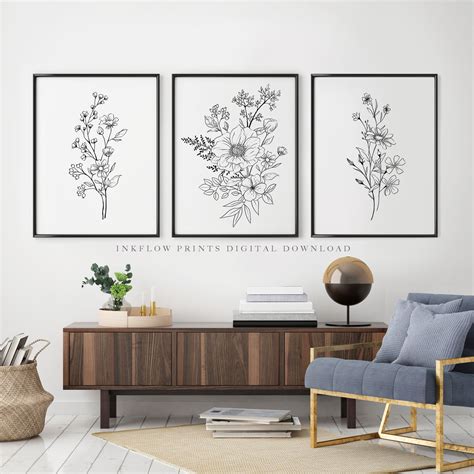 3 Piece Black White Flower Wall Art DIGITAL DOWNLOAD - Etsy