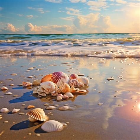 Premium AI Image | illustration of Glassy beach horizon sea shells