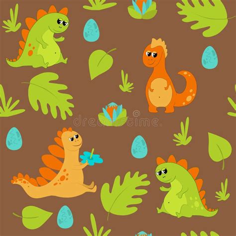 Cute Charming Green and Orange Dinosaurs on a Brown Background among ...