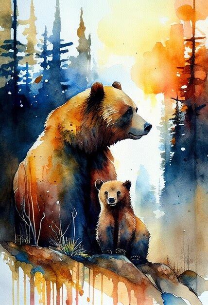 Premium AI Image | A watercolor painting of a bear and her cub