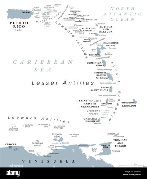 Eastern Caribbean islands, gray political map. Puerto Rico, Virgin Islands, Leeward and Windward ...