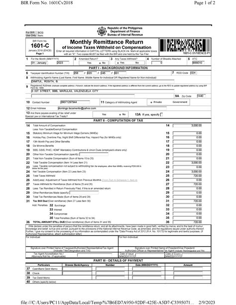Espino 1 - ngorg ngag ban goktong - BIR Form No. 1601-C January 2018 (ENCS) Page 1 Monthly - Studocu
