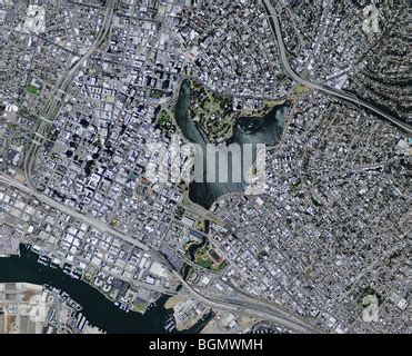 aerial map view above Oakland downtown port estuary Lake Merritt Stock ...