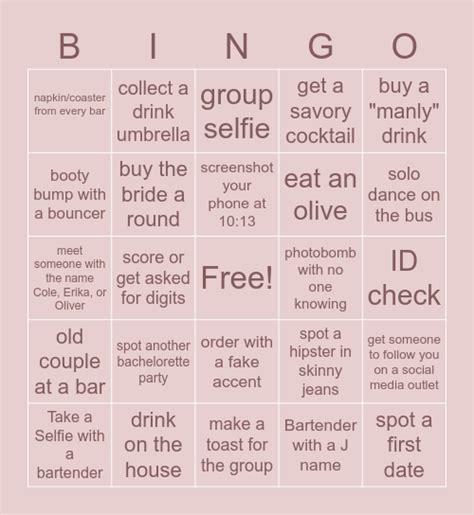 Erika's Bachelorette Bar Crawl Bingo Card