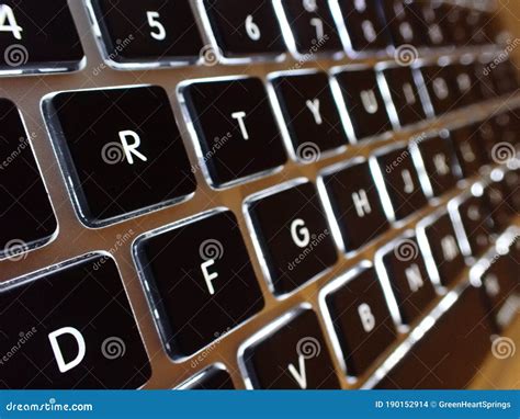 Backlit Keyboard Illuminates Letters And Symbols Light Underneath Keys Focus On R Stock ...