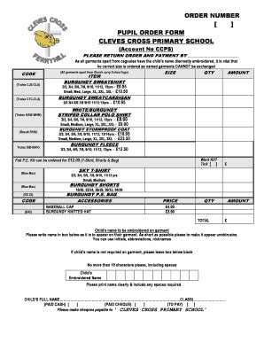 Fillable Online clevescross durham sch Uniform Order Form - Cleves Cross Primary School ...