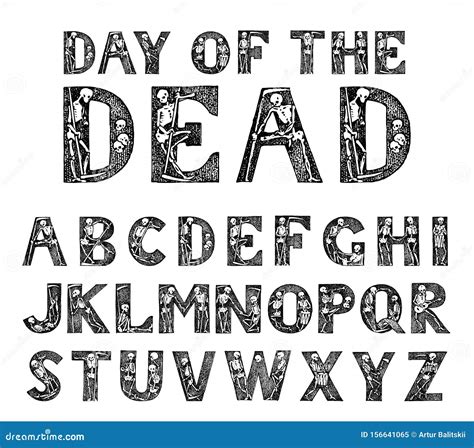 Antique Old Font with Skeletons for Posters Day of the Dead. Decorative Gothic Alphabet in ...