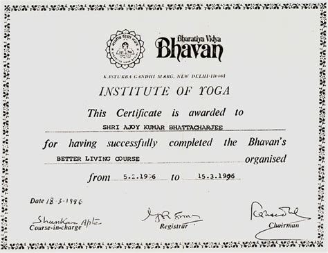 Certificate from Bharatiya Vidya Bhawan, Institute of Yoga, New Delhi ...