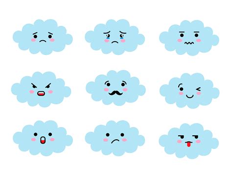 Set of cloud shaped emoji with different mood. Kawaii cute clouds emoticons and Japanese anime ...