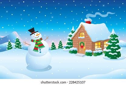 Snowman Cabin Winter Snow Scene Stock Vector (Royalty Free) 228425107 | Shutterstock