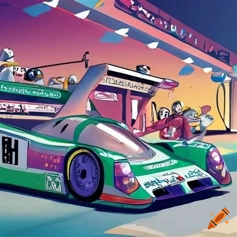 Cartoon esk drawing of jaguar xjr-9 lm 1988 at le mans with japanese anime style and pit stop ...