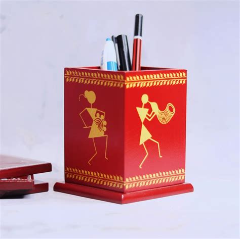 Wooden Pen Stand – Red (Set Of 5) - AhaBazaar