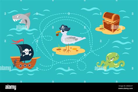 Treasure map. Pirate ship, octopus, seagull and shark. Chest with doubloons. Childrens ...