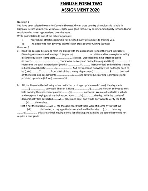 Assignment Assignments - Form 2 - English - ENGLISH FORM TWO ASSIGNMENT 2020 Question 1 You have ...