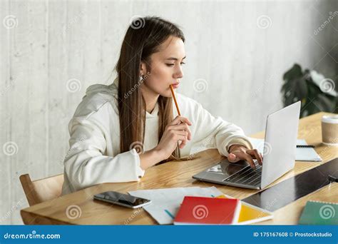 Work at Convenient Time. Freelance Beautiful Girl Working Stock Photo ...