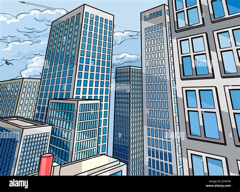 City background scene in a cartoon popart comicbook style with skyscraper buildings Stock Photo ...