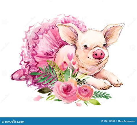 Cute Pig Watercolor Illustration Stock Illustration - Illustration of ...