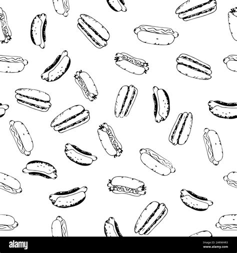 Hotdog seamless pattern hand drawn art. Fast food continuous background from sketchy hot dogs ...