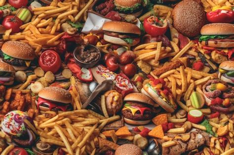 Premium Photo | A large pile of junk food including hamburgers, fries, and a burger.