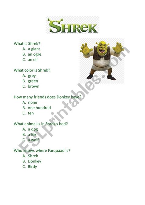 Shrek Movie Quiz - ESL worksheet by Jamie_Oh