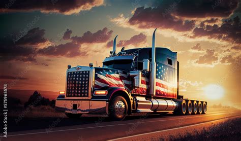 American freight cargo truck painted in patriotic USA flag colors driving on highway interstate ...