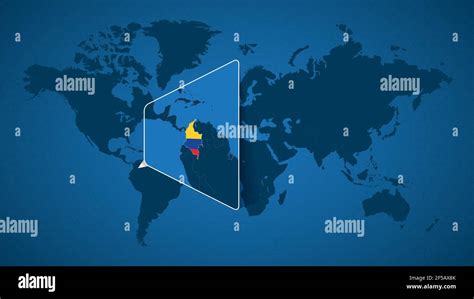 Detailed world map with pinned enlarged map of Colombia and neighboring countries. Colombia flag ...