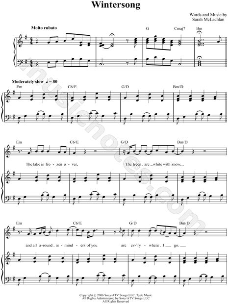 Sarah McLachlan "Wintersong" Sheet Music in G Major (transposable) - Download & Print - SKU ...