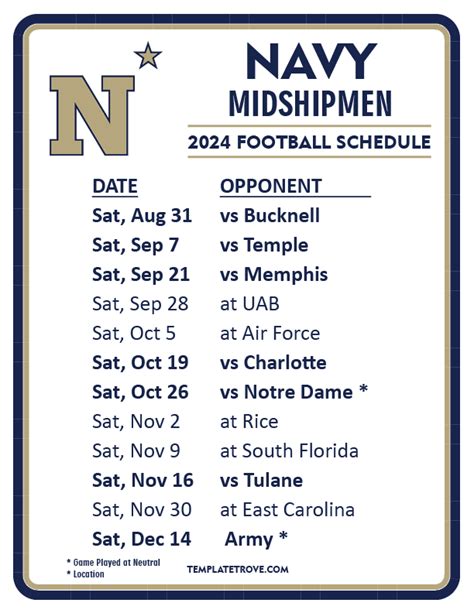 Printable 2024 Navy Midshipmen Football Schedule