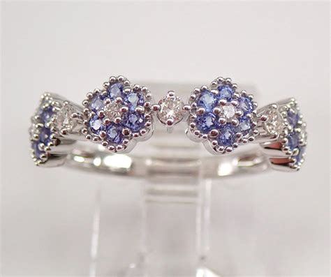 White Gold Tanzanite and Diamond Flower Wedding Ring Anniversary Band ...