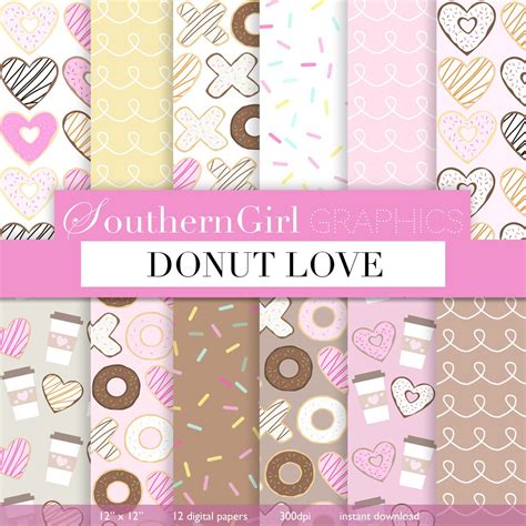 Donut Digital Paper donut Love Donut, Doughnut, Heart, Sprinkles, Coffee, Patterns, for Stickers ...