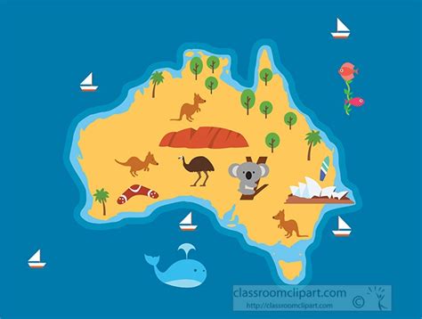 Australia Clipart - map-of-australia-with-animals-and-landmarks-clipart - Classroom Clipart