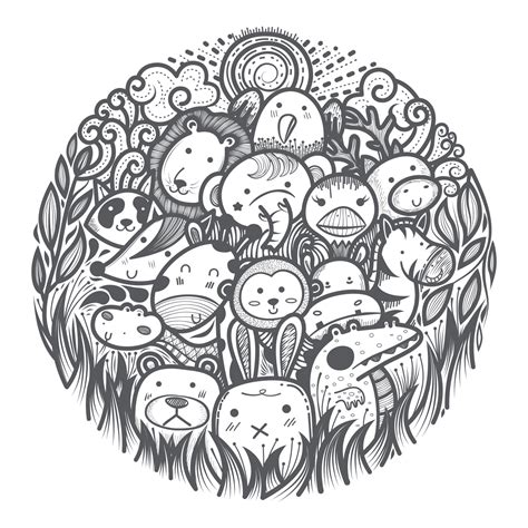 cute doodle art wild animals in a circle. 11864384 Vector Art at Vecteezy