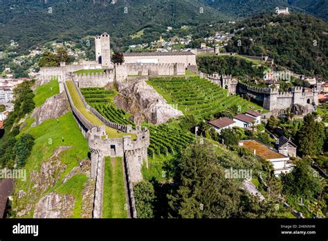 Aerial of the Castlegrande, Unesco site three castles of Bellinzona, Ticino, Switzerland Stock ...