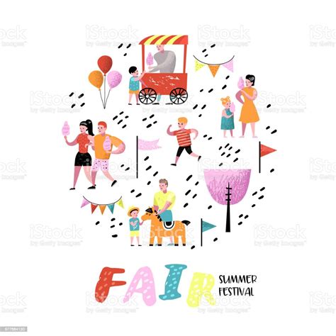 Summer Fun Fair Amusement Park Characters With Cartoon People Family ...