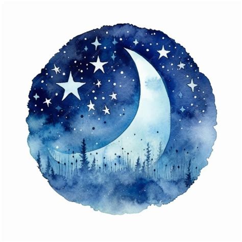 Premium Photo | Watercolor illustration of a moon and stars in a night sky.