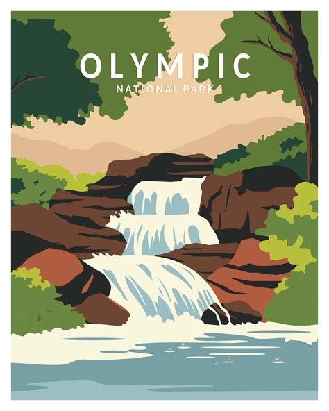 Olympic National Park waterfall Vector Illustration Background. Travel ...