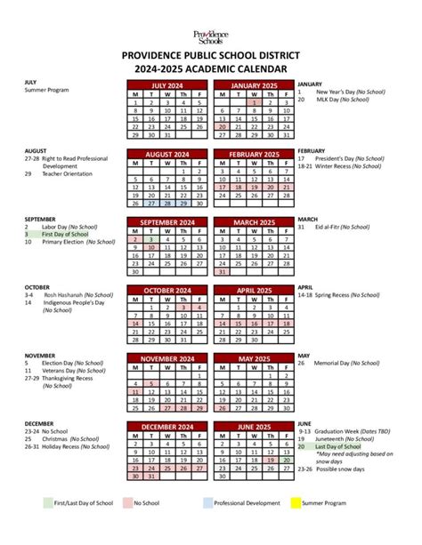 Providence Schools Calendar 2024-2025 in PDF