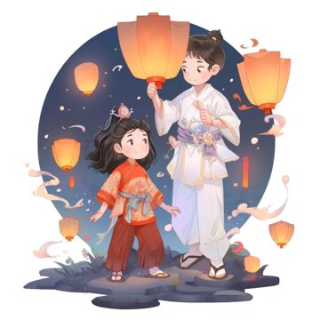 Cute Children Put On Kongming Lanterns During The Ghost Festival Hand Drawn Elements Cartoon ...