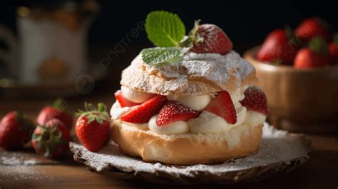 Background Donat Stroberi Dengan Topping Krim Dan Stroberi, Kue Pendek Stroberi, Foto Fotografi ...