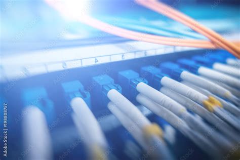 Close up fiber optic cable. Fiber optic equipment in a data center ...