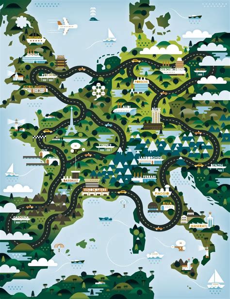 a map with many different roads and trees on the land, including houses, boats, and mountains