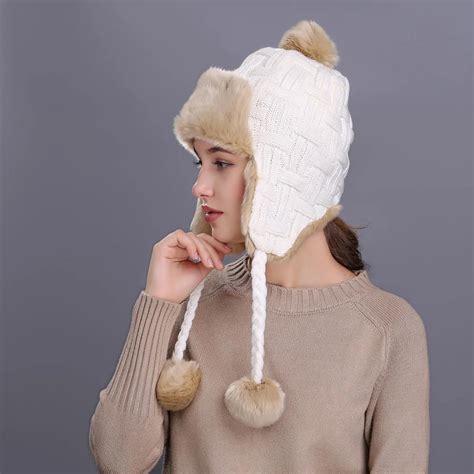 KLV Plaid women's hat Warm Winter Hat with Ear Flaps Snow Ski Thick Knit Wool Beanie Cap earcuff ...