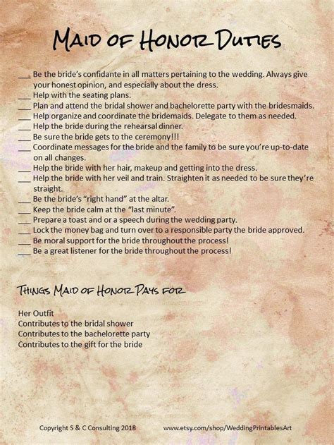 Maid Of Honor Duties Checklist Printable