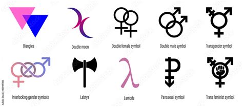 Set of LGBT symbols. Biangles, Double moon, Double female symbol, Double male symbol, Labrys ...