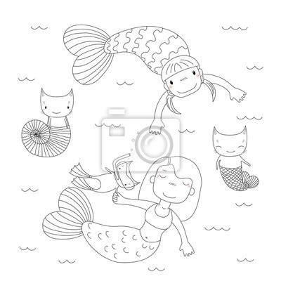 Hand drawn black and white vector illustration of cute little posters ...