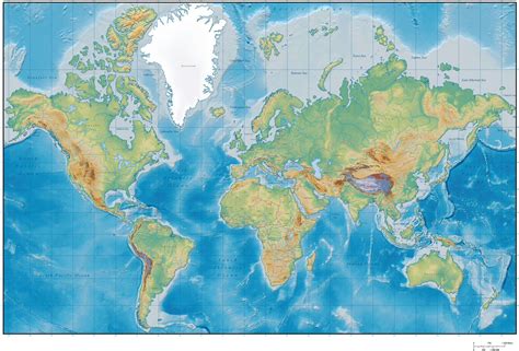 Digital Terrain World Map - Mercator Projection with Country Borders ...