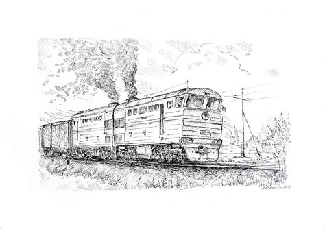 Trains. Russian Cargo Train. Black and white version Drawing by Aleksandr Petrunin