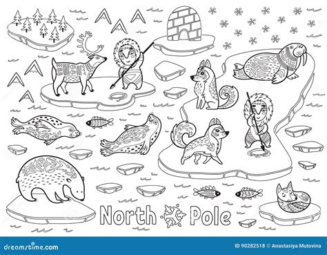 Outline North Pole Animals, Eskimos and Yurt Stock Vector ...