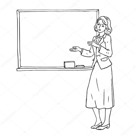 Doodle sketch of teacher standing in classroom near blackboard isolated on white background ...